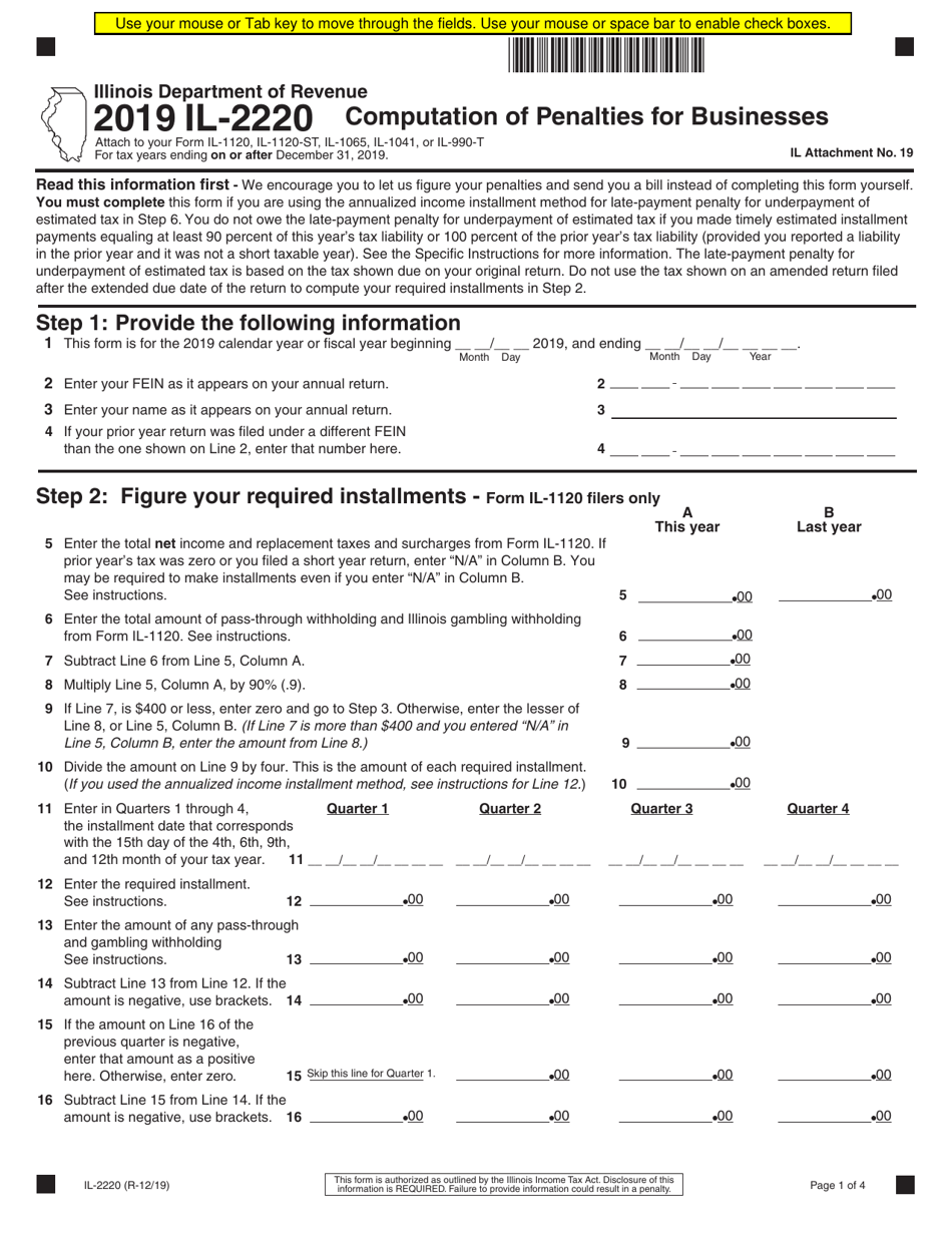 Form IL-2220 Computation of Penalties for Businesses - Illinois, Page 1
