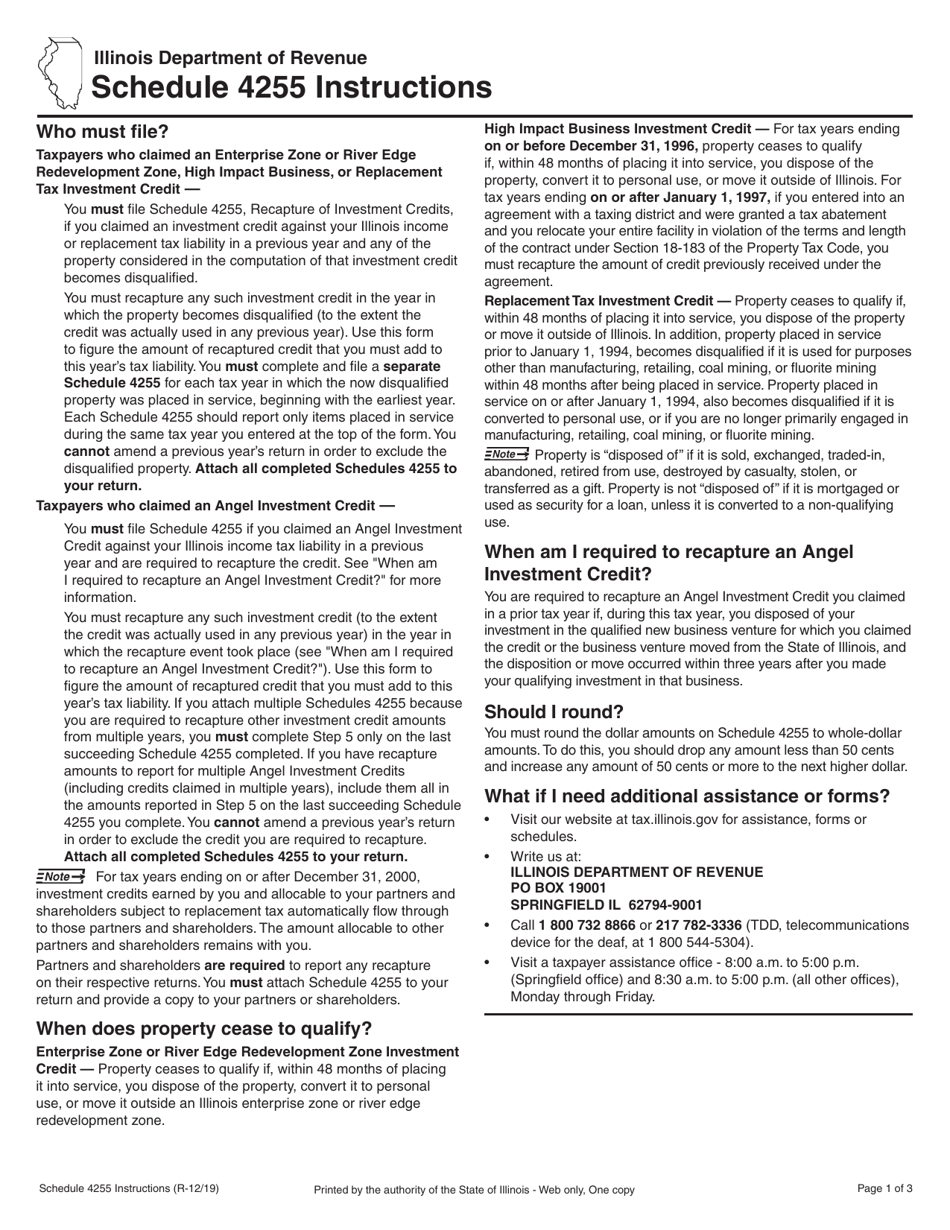 Instructions for Schedule 4255 Recapture of Investment Tax Credits - Illinois, Page 1