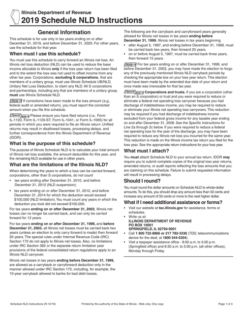 Instructions for Schedule NLD Illinois Net Loss Deduction - Illinois, 2019