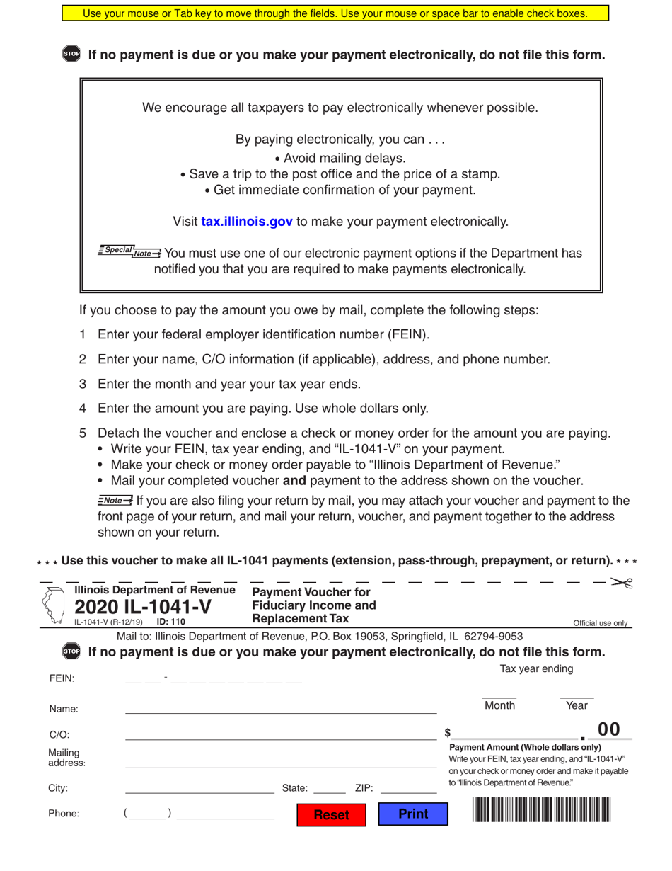Form IL-1041-V Payment Voucher for Fiduciary Income and Replacement Tax - Illinois, Page 1