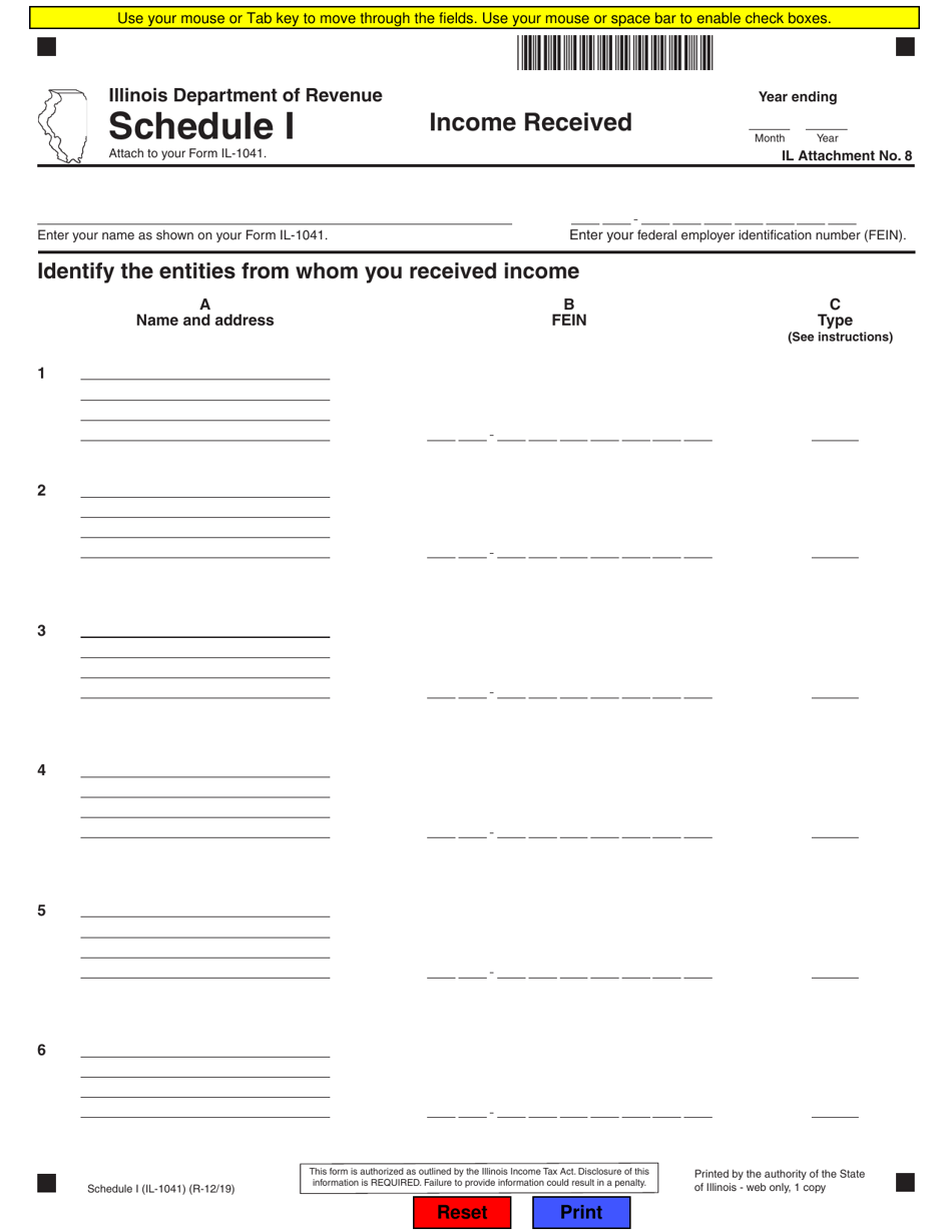 Form IL-1041 Schedule I Income Received - Illinois, Page 1