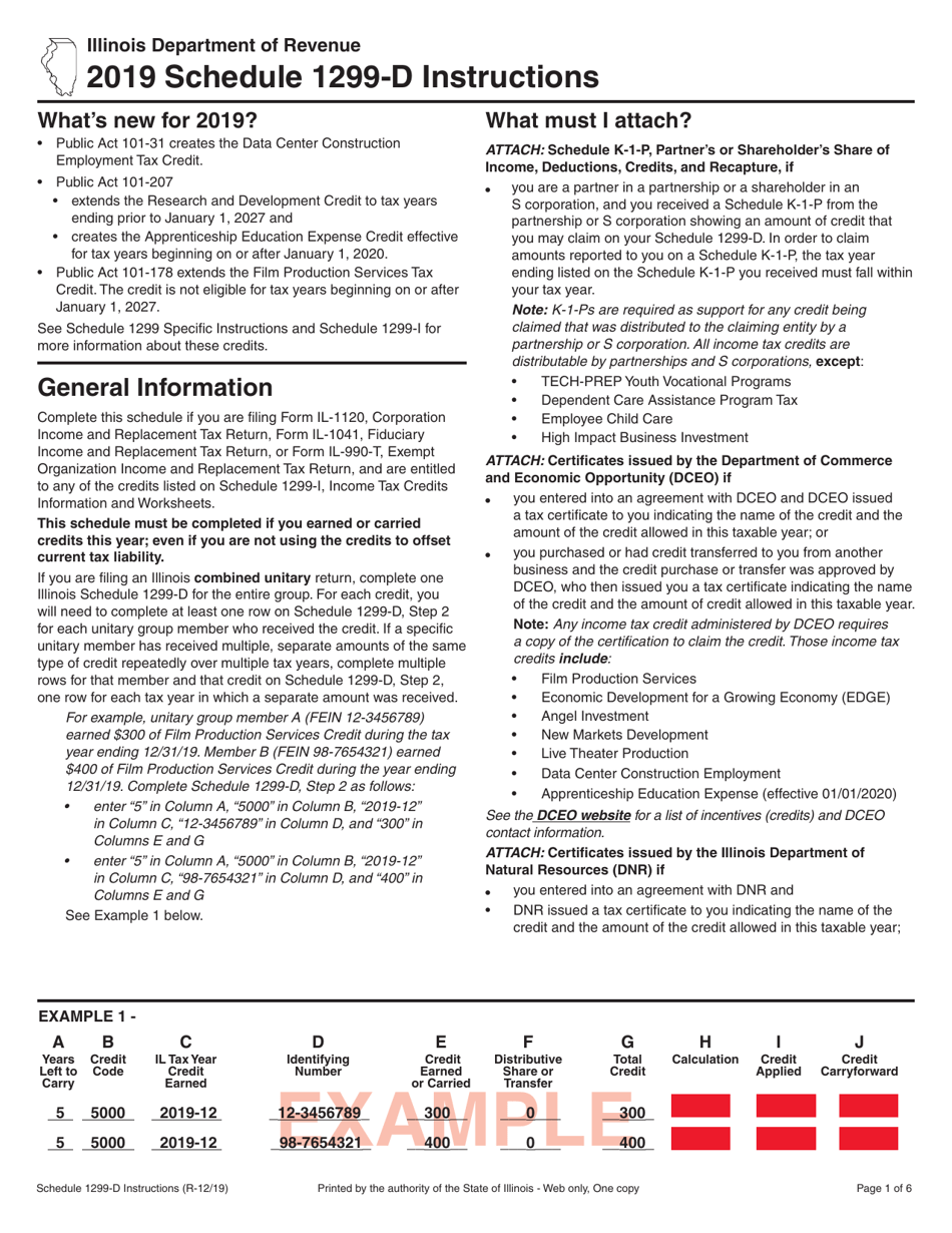 Instructions for Schedule 1299-D Income Tax Credits (For Corporations and Fiduciaries) - Illinois, Page 1