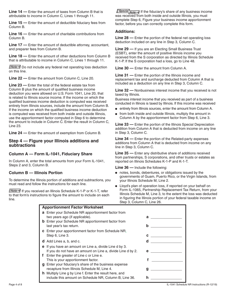 Instructions for Form IL-1041 Schedule NR Nonresident Computation of Fiduciary Income - Illinois, Page 4