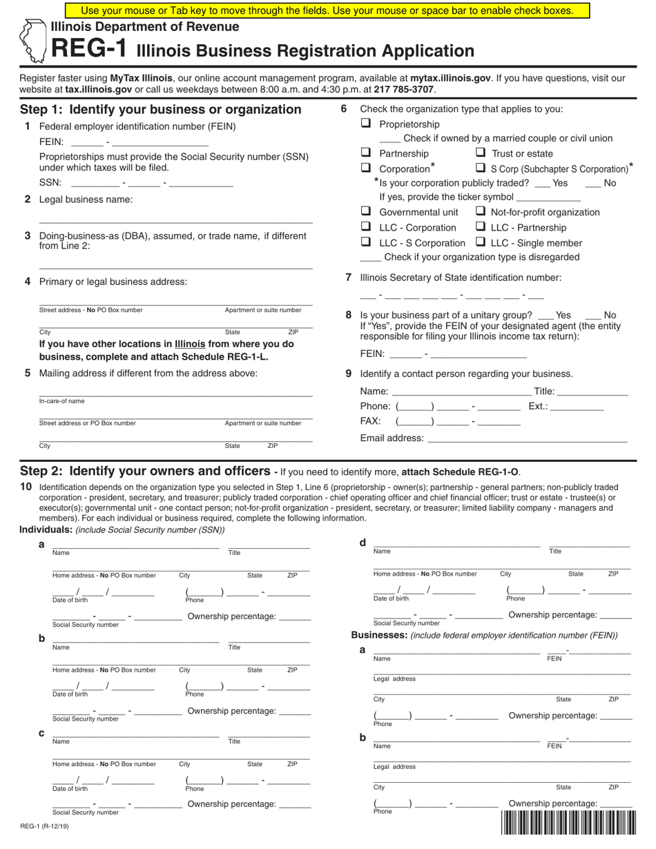 Form REG-1 Illinois Business Registration Application - Illinois, Page 1