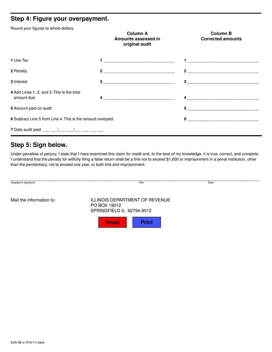 Form EDA-98-U Claim for Credit (Audited Periods Only) (For Private Vehicle and Aircraft / Watercraft Use Tax ) - Illinois, Page 2