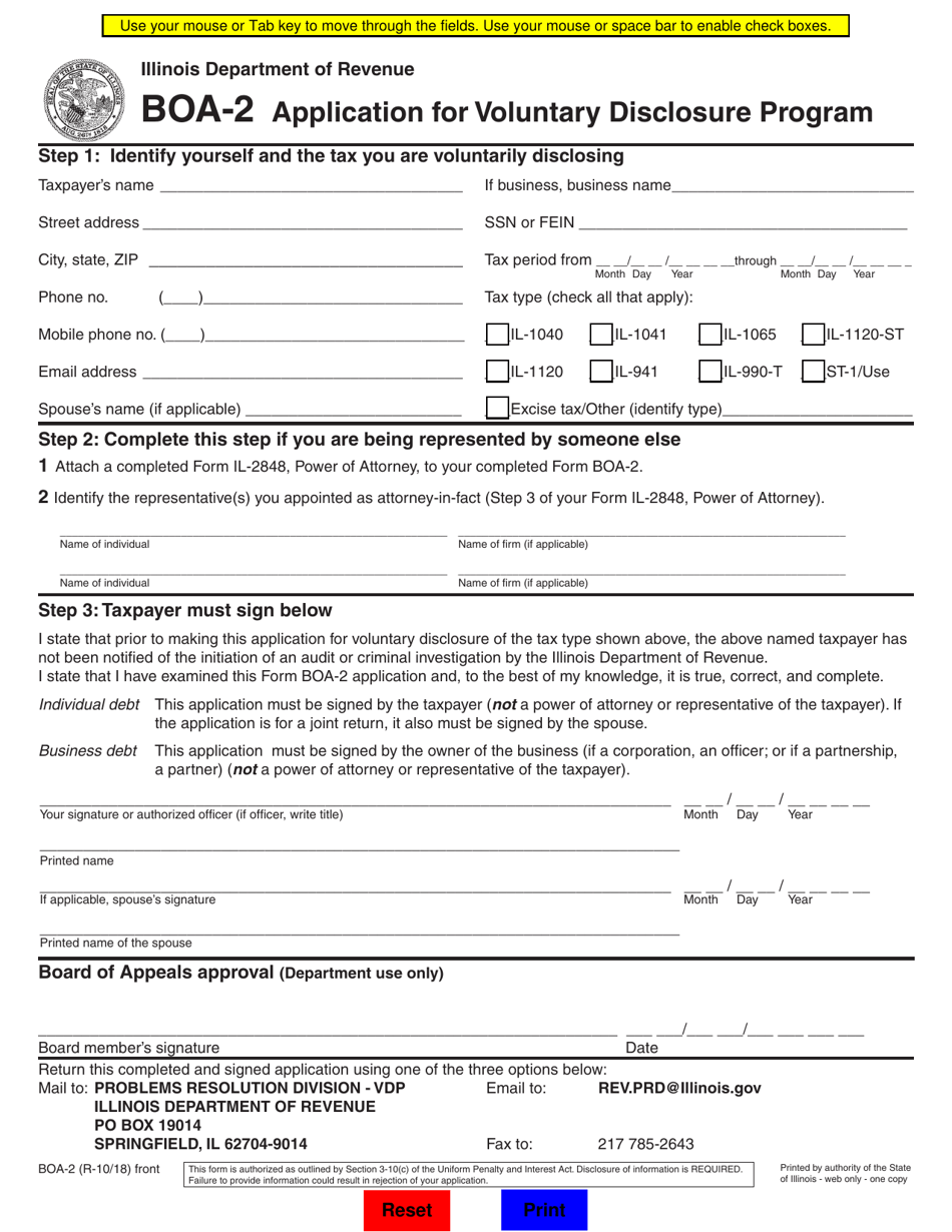 Form BOA-2 Application for Voluntary Disclosure Program - Illinois, Page 1