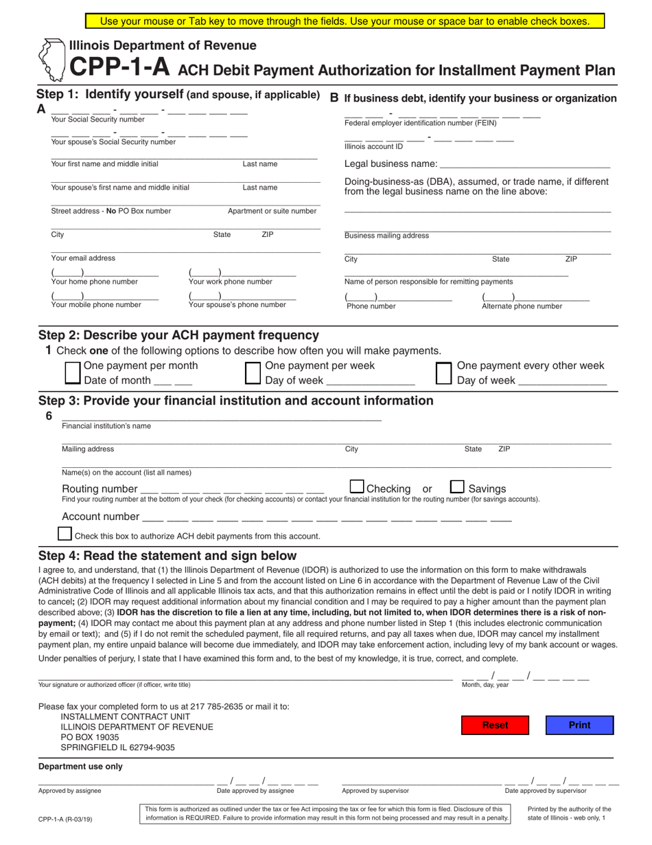 Form CPP-1-A ACH Debit Payment Authorization for Installment Payment Plan - Illinois, Page 1