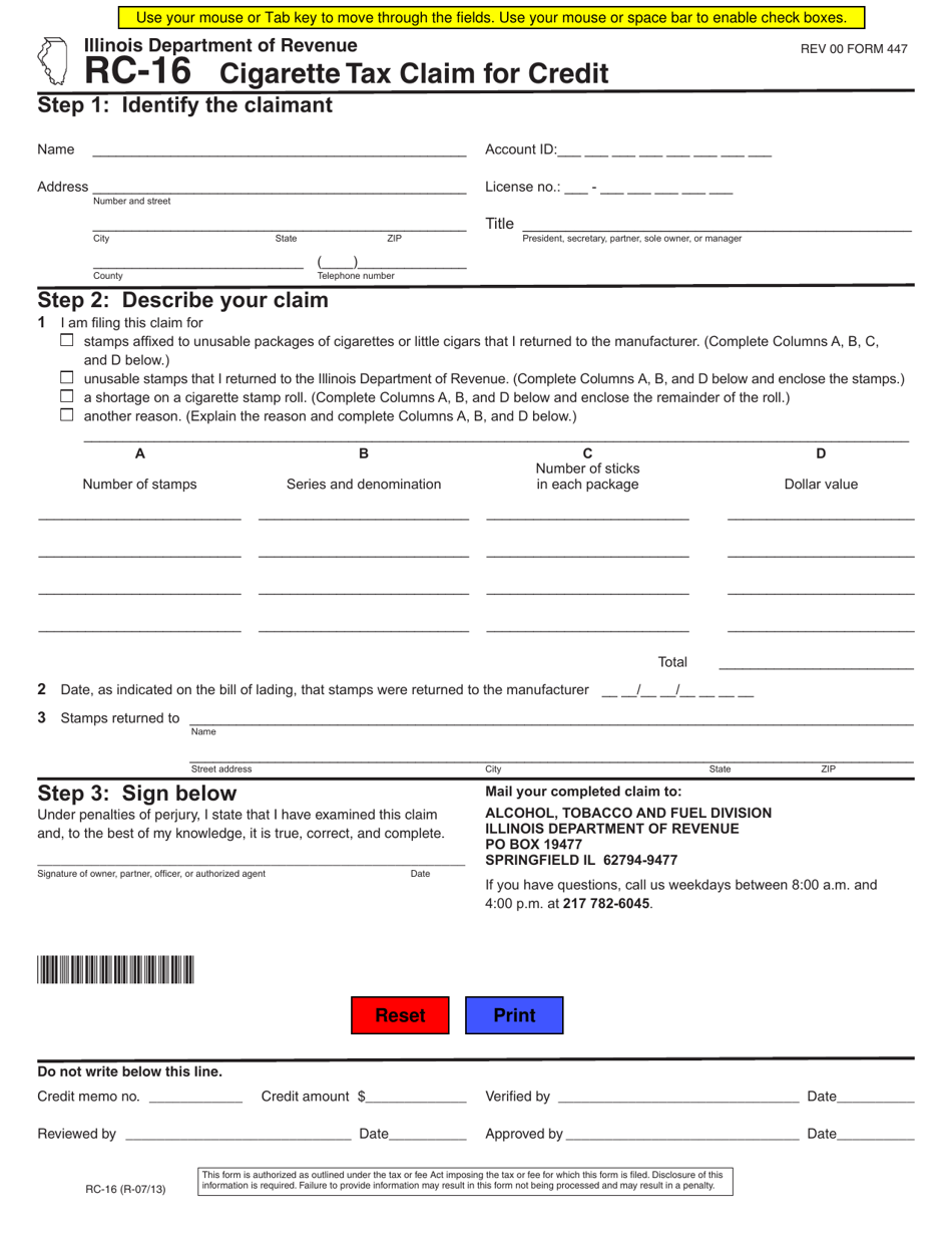 Form RC-16 (447) Cigarette Tax Claim for Credit - Illinois, Page 1