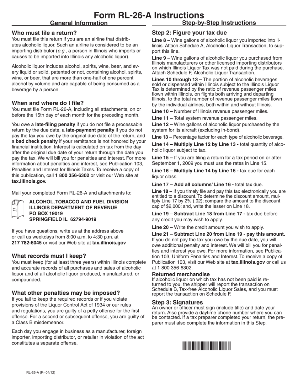 Instructions for Form RL-26-A Liquor Revenue Airline Return - Illinois, Page 1