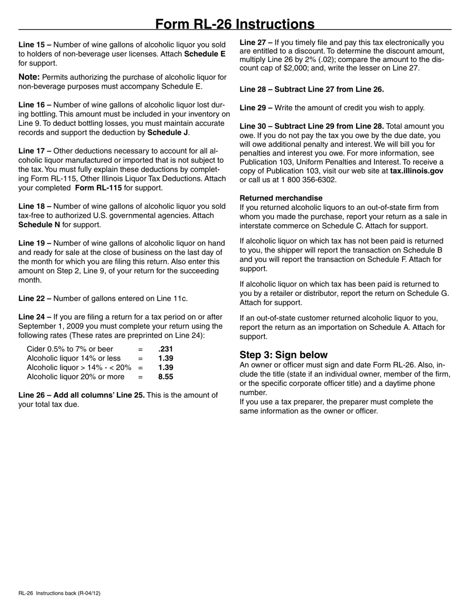 Instructions for Form RL-26 Liquor Revenue Return - Illinois, Page 2