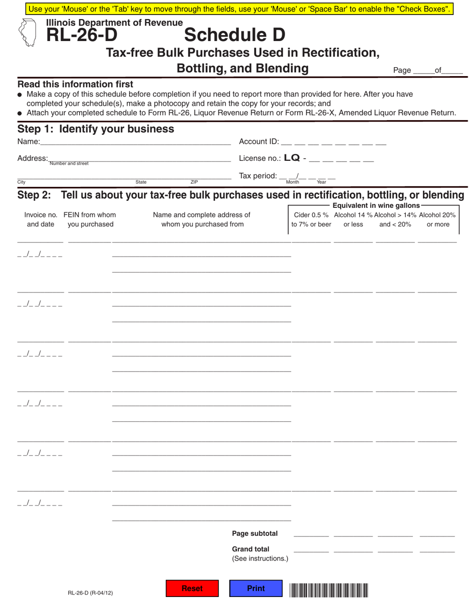 Form RL-26-D Schedule D Tax-Free Bulk Purchases Used in Rectification, Bottling, and Blending - Illinois, Page 1