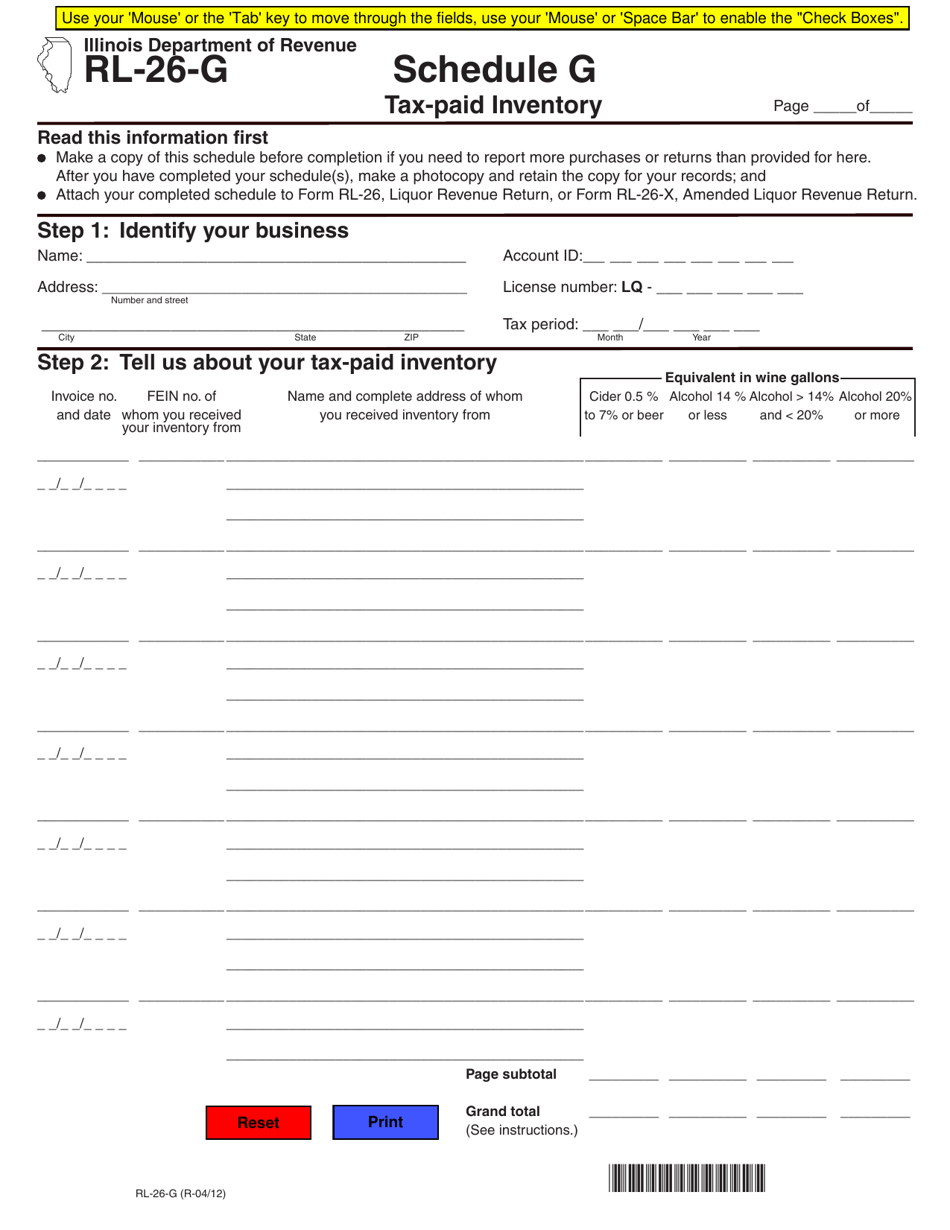 Form RL-26-G Schedule G Tax-Paid Inventory - Illinois, Page 1