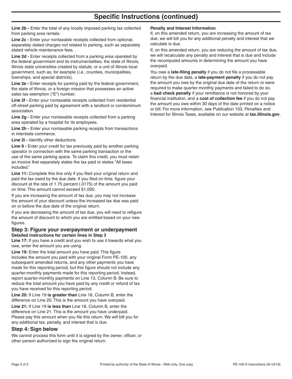 Instructions for Form PE-100-X Amended Parking Excise Tax Return - Illinois, Page 2