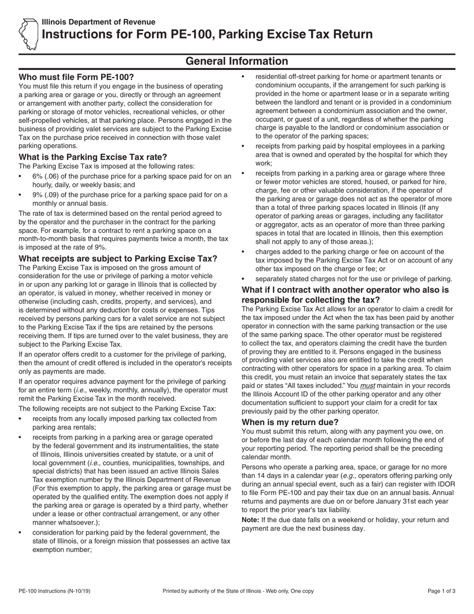 Instructions for Form PE-100 Parking Excise Tax Return - Illinois, Page 1