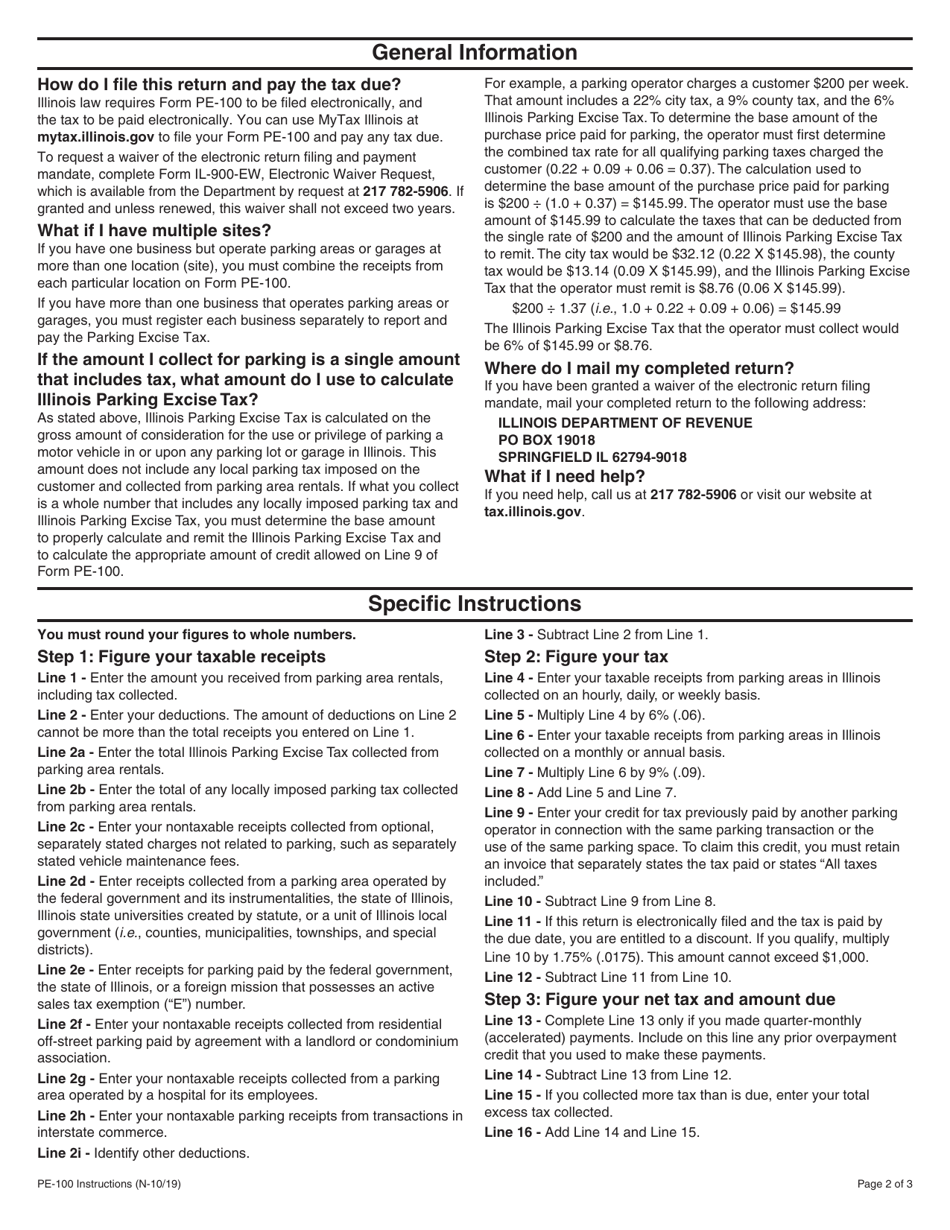 Instructions for Form PE-100 Parking Excise Tax Return - Illinois, Page 2