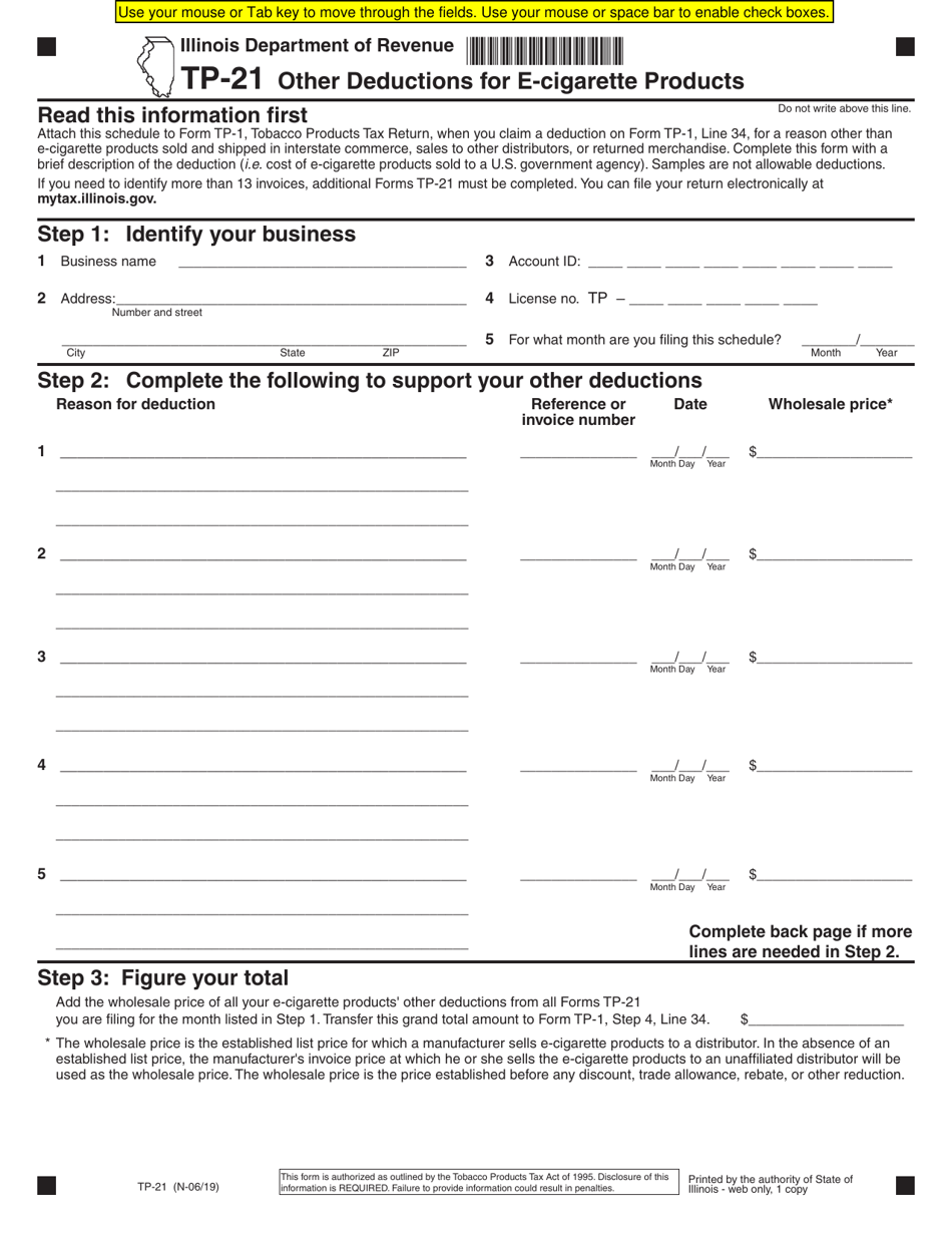 Form TP-21 Other Deductions for E-Cigarette Products - Illinois, Page 1