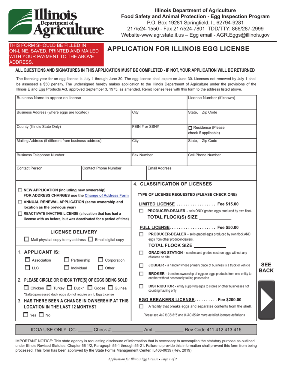 Form IL406-0039 Application for Illinois Egg License - Illinois, Page 1