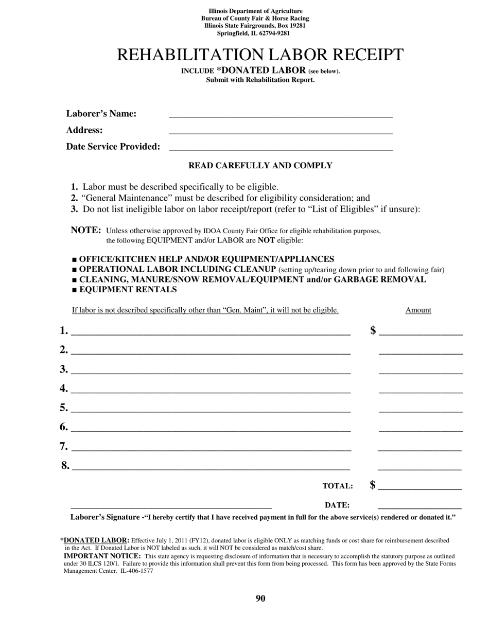Form IL-406-1577 Rehabilitation Labor Receipt - Illinois, Page 1