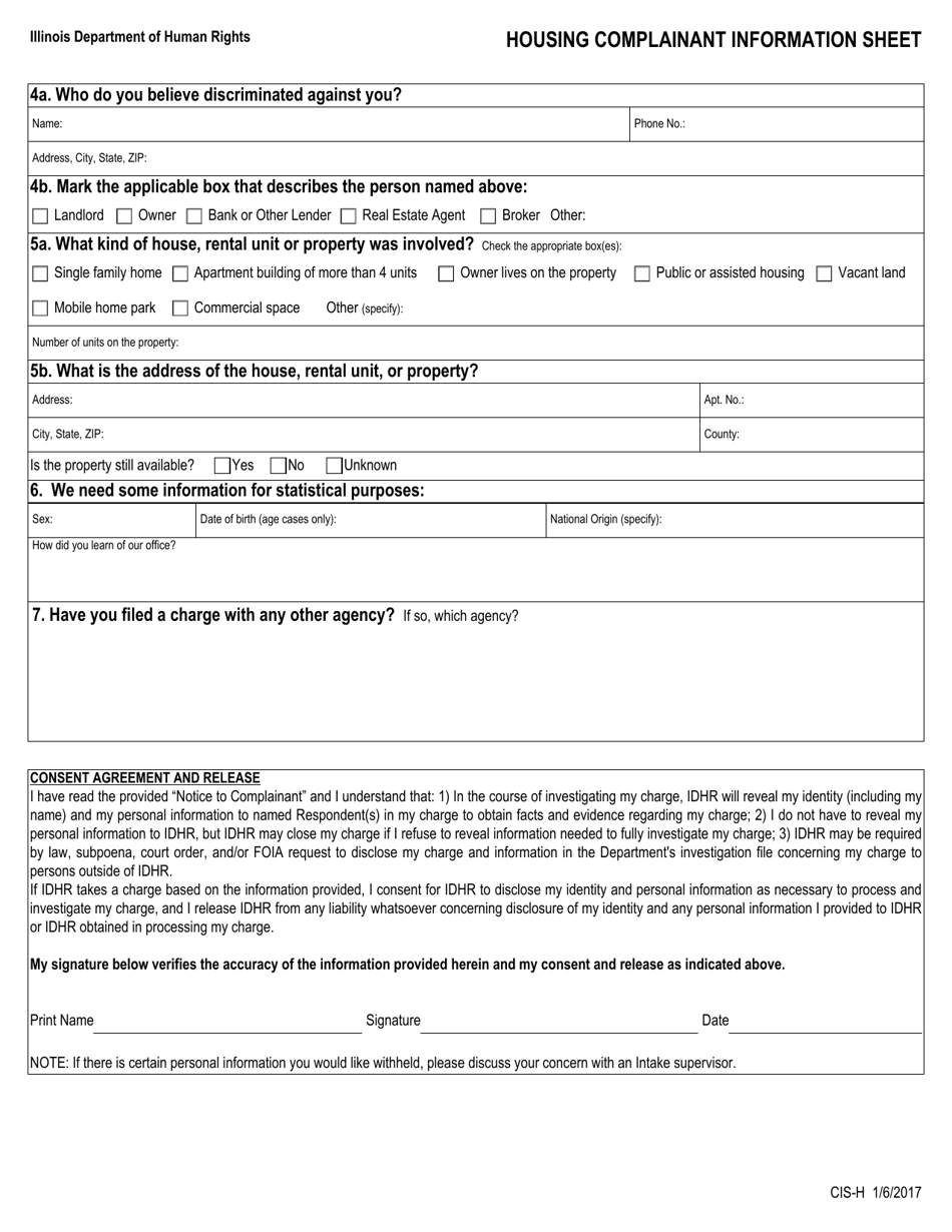 Form CIS-H Housing / Real Estate Transaction Complainant Information Sheet - Illinois, Page 2