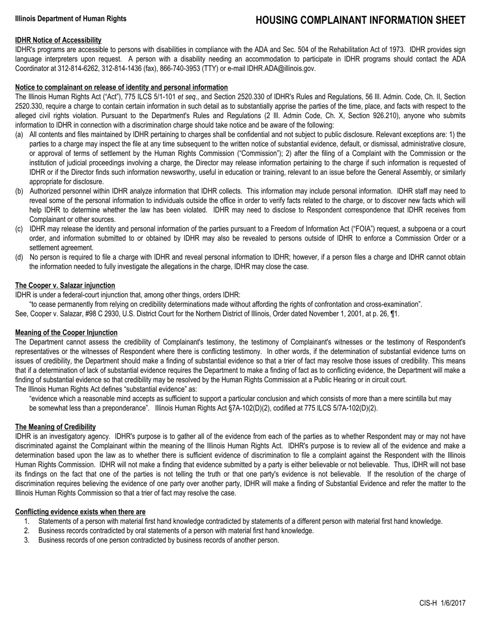 Form CIS-H Housing / Real Estate Transaction Complainant Information Sheet - Illinois, Page 3