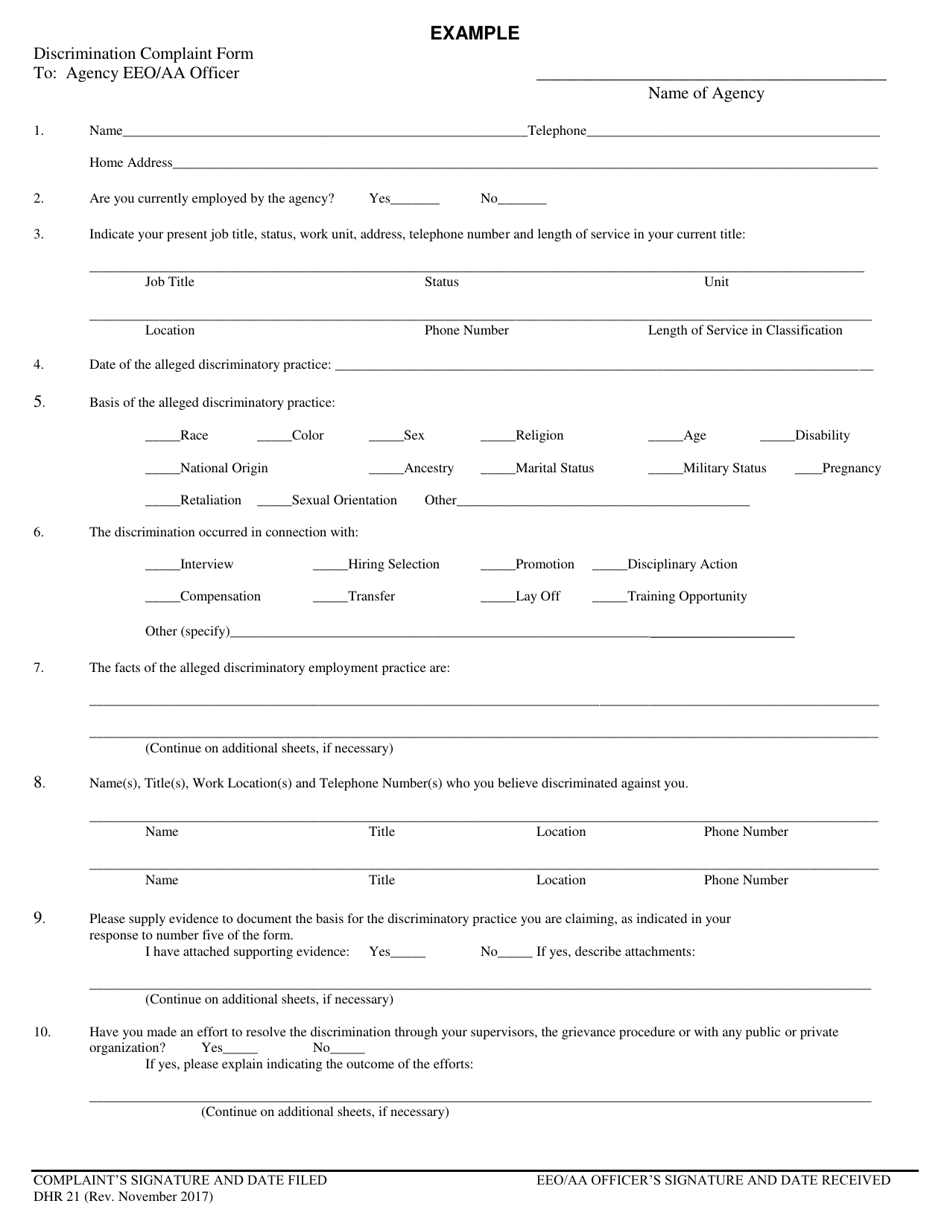 Form DHR-21 Example Discrimination Complaint Form - Illinois, Page 1