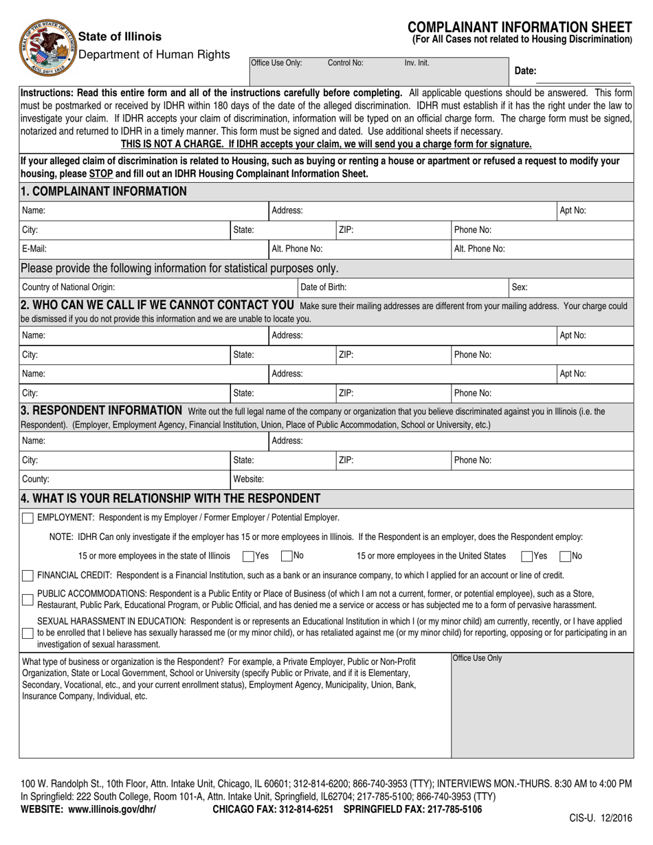 Form CIS-U Complainant Information Sheet - Illinois, Page 1