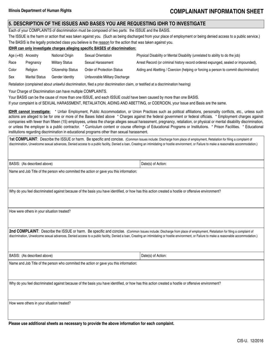 Form CIS-U Complainant Information Sheet - Illinois, Page 2