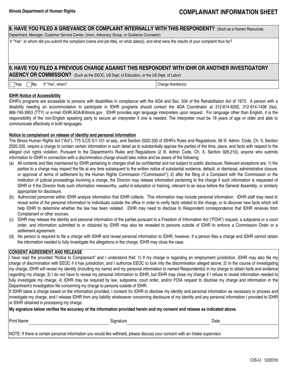Form CIS-U Complainant Information Sheet - Illinois, Page 4