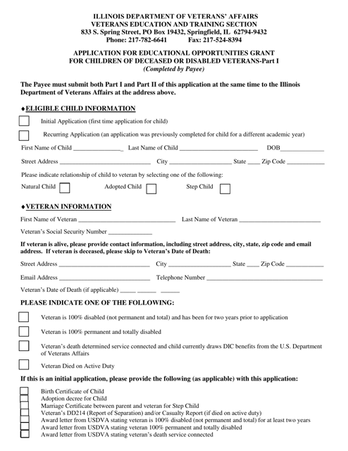 DVA Form EDI (IL497-0002) Part I Application for Educational Opportunities Grant for Children of Deceased or Disabled Veterans - Illinois
