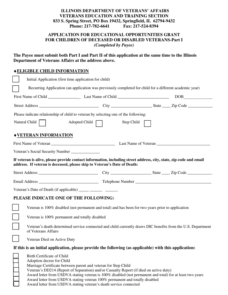 DVA Form EDI (IL497-0002) Part I Application for Educational Opportunities Grant for Children of Deceased or Disabled Veterans - Illinois, Page 1