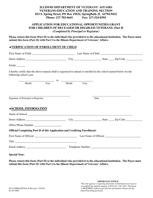 Form IL497-0002 (DVA Form EDI) Part II Application for Educational Opportunities Grant for Children of Deceased or Disabled Veterans - Illinois