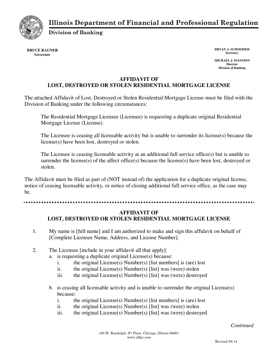 Affidavit of Lost, Destroyed or Stolen Residential Mortgage License - Illinois, Page 1