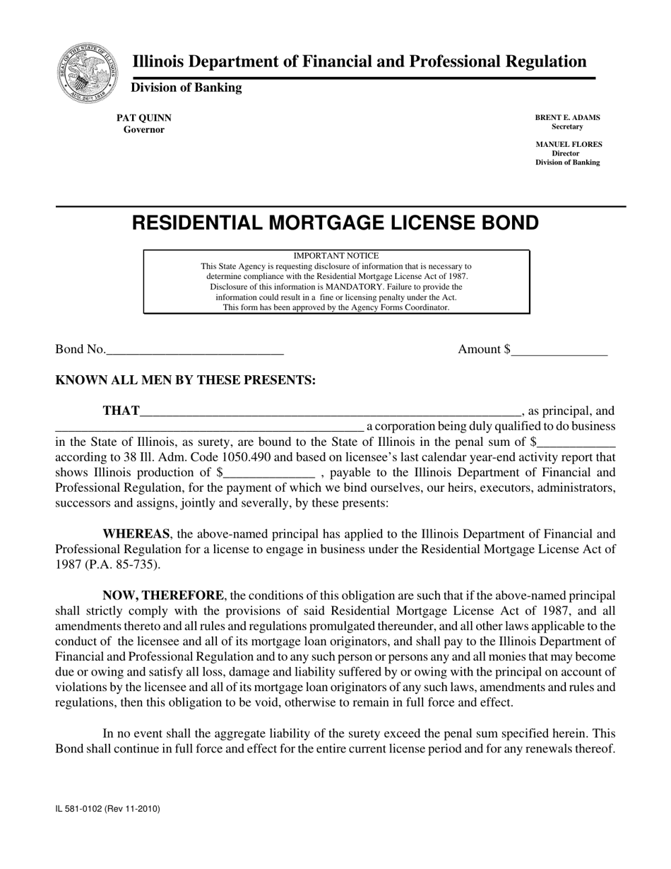 Form IL581-0102 Residential Mortgage License Bond - Illinois, Page 1