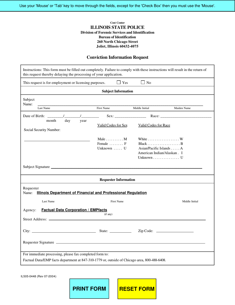 Form IL505-0448 Conviction Information Request - Illinois, Page 1