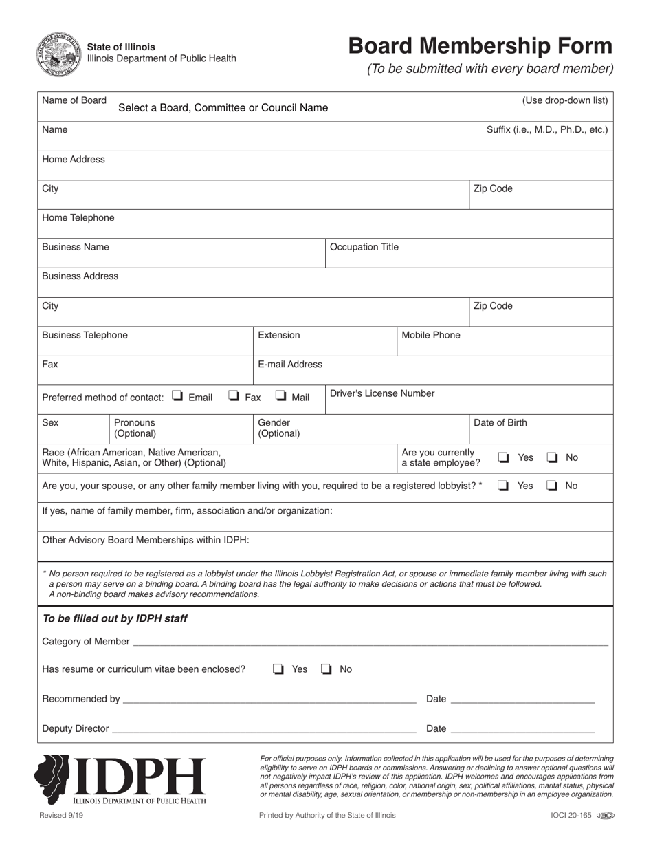 Form IOCI20-165 Board Membership Form - Illinois, Page 1
