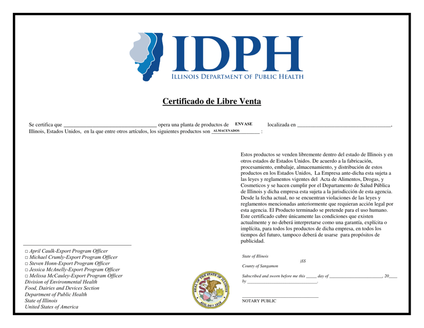 Certificado De Libre Venta - Illinois (Spanish) Download Pdf