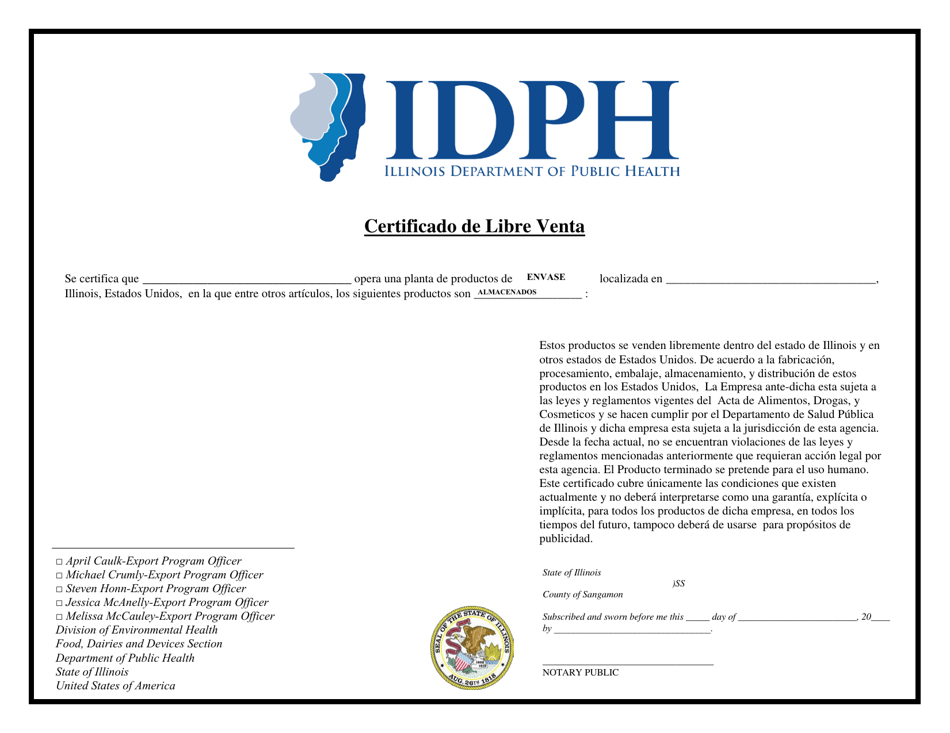 Certificado De Libre Venta - Illinois (Spanish), Page 1