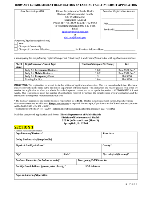 Body Art Establishment Registration or Tanning Facility Permit Application - Illinois Download Pdf