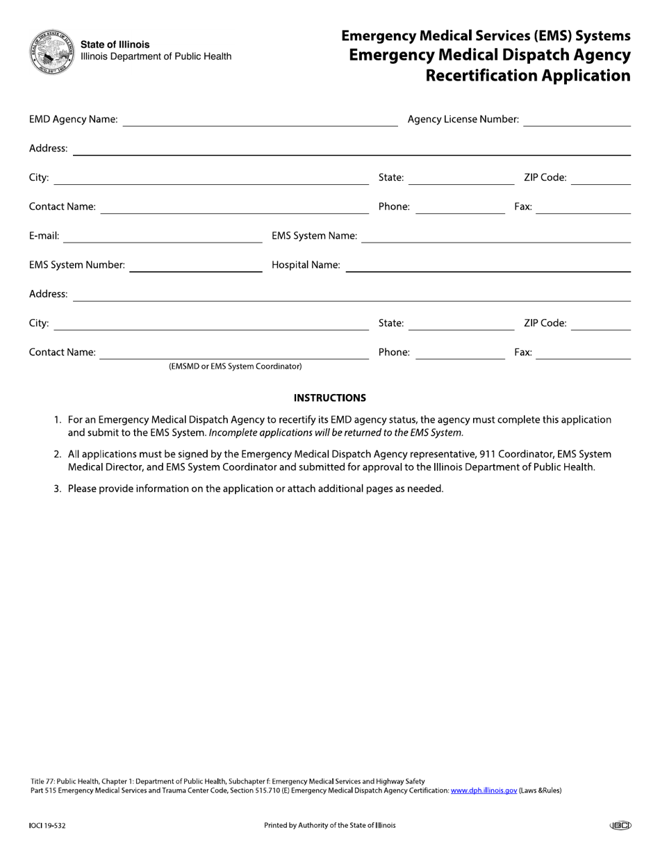Form IOCI19-532 Emergency Medical Dispatch Agency Recertification Application - Illinois, Page 1
