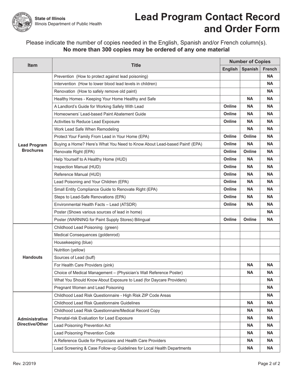 Form IOCI19-475 Lead Program Contact Record and Order Form - Illinois, Page 2
