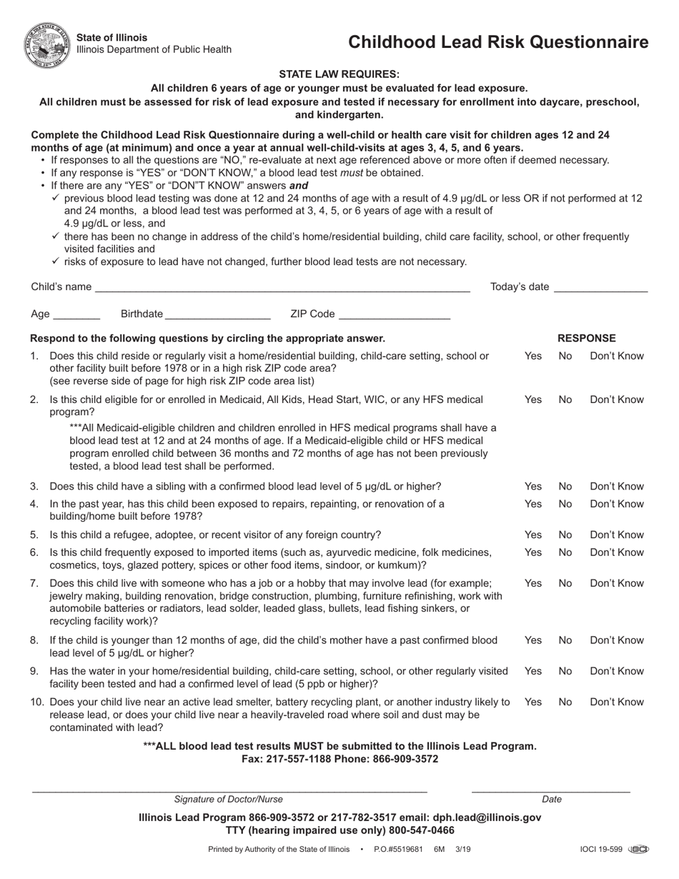 Form IOCI19-599 Childhood Lead Risk Questionnaire - Illinois, Page 1