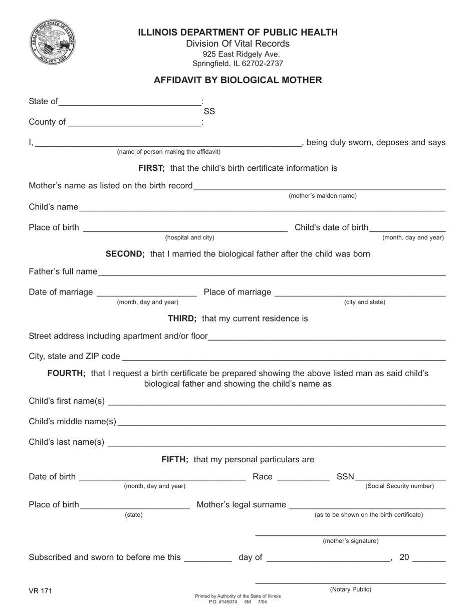 Form VR171 Affidavit by Biological Mother - Illinois, Page 1