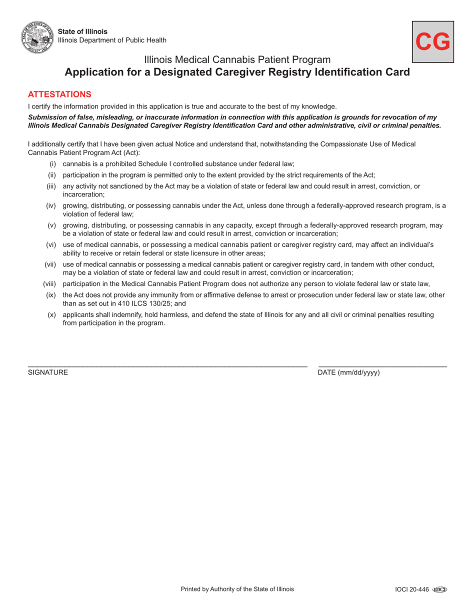 Form CG Application for a Designated Caregiver Registry Identification Card Attestation - Illinois, Page 1