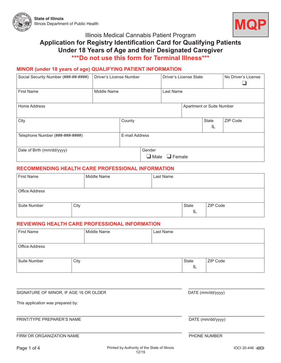 Form MQP Application for Registry Identification Card for Qualifying Patients Under 18 Years of Age and Their Designated Caregiver - Illinois, Page 1