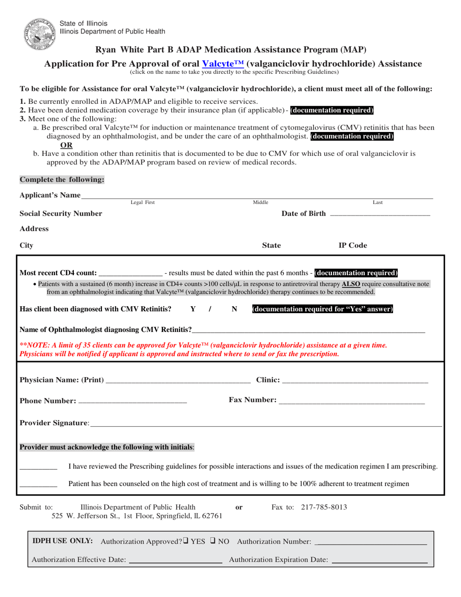 Ryan White Part B Adap Medication Assistance Program (Map) Application for Pre Approval of Oral Valcyte (Valganciclovir Hydrochloride) Assistance - Illinois, Page 1