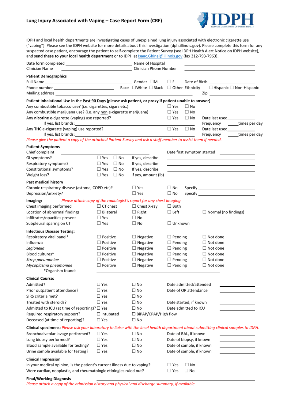 Lung Injury Associated With Vaping - Case Report Form (Crf) - Illinois, Page 1
