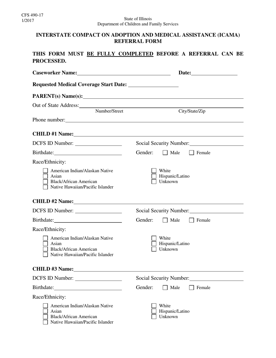 Form CFS490-17 Interstate Compact on Adoption and Medical Assistance (Icama) Referral Form - Illinois, Page 1