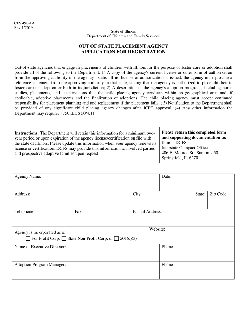 Form CFS490-1A Out of State Placement Agency Application for Registration - Illinois, Page 1