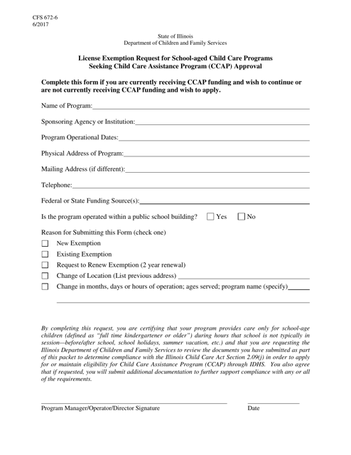 Form CFS672-6 License Exemption for School-Aged Child Care Programs Seeking Child Care Assistance Program (Ccap) Approval - Illinois