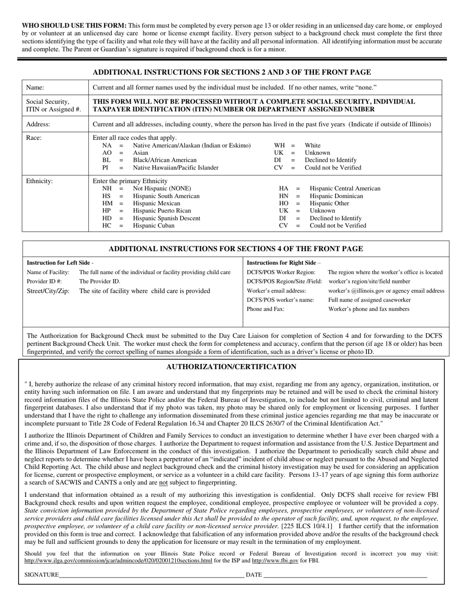 Form CFS718-D Authorization for Background Check for Unlicensed / License Exempt Child Care - Illinois, Page 2